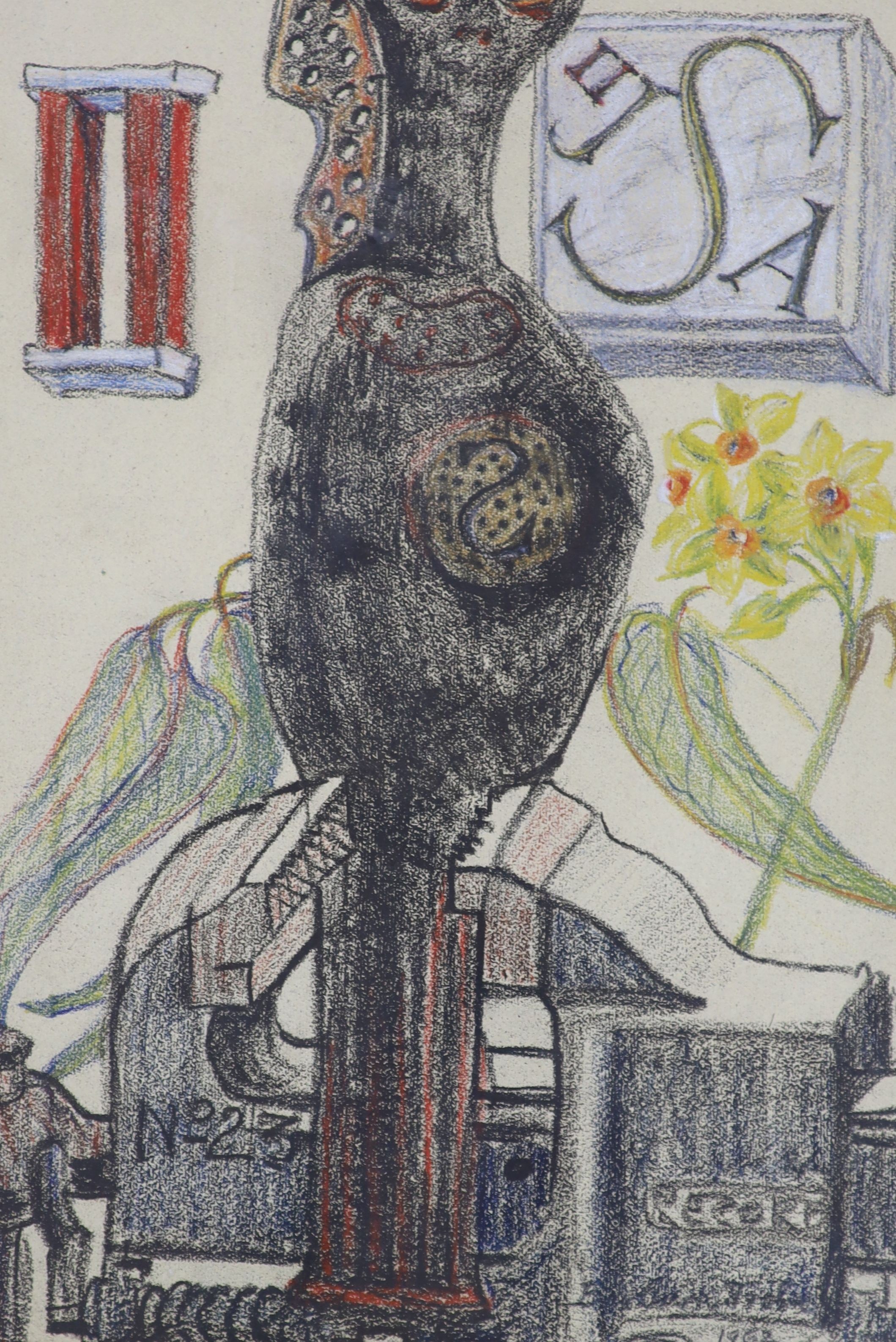 Barbara Tribe (Australian 1913-), wax crayon, Still life of a vice and daffodils, 56 x 37cm